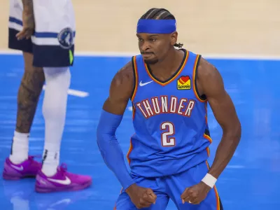 Oklahoma City Thunder guard Shai Gilgeous-Alexander reacts after a play against the Minnesota Timberwolves during the first half of Game 2 of an NBA basketball Western Conference Finals playoff series Thursday, May 22, 2025, in Oklahoma City. (AP Photo/Nate Billings)