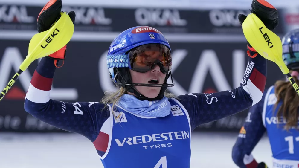 United States' Mikaela Shiffrin reacts after winning an alpine ski, women's World Cup slalom, in Sestriere, Italy, Sunday, Feb. 23, 2025. (AP Photo/Piermarco Tacca)
