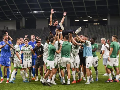 Slavje po uvrstitvi Trener Victor Sanchez 29.08.2024 NK Olimpija: FK Rijeka, kvalifikacije za Evropska konferenčna liga Foto: Nik Erik Neubauer