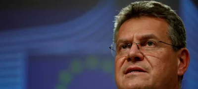 FILE PHOTO: European Commission Vice-President for Interinstitutional Relations Maros Sefcovic speaks during a news conference after a meeting with British Foreign Secretary Liz Truss, in Brussels, Belgium February 21, 2022. REUTERS/Johanna Geron/File Photo