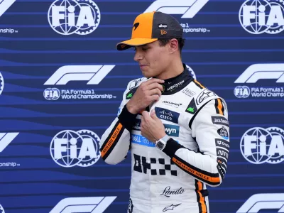 McLaren driver Lando Norris of Britain reacts after the qualifying session ahead of the Formula One Monaco Grand Prix race at the Monaco racetrack in Monaco, Saturday, May 24, 2025. (AP Photo/Manu Fernandez)