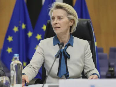 European Commission President Ursula von der Leyen speaks during a strategic dialogue with leaders of the European defense industry at EU headquarters in Brussels, Monday, May 12, 2025. (Olivier Hoslet, Pool Photo via AP)