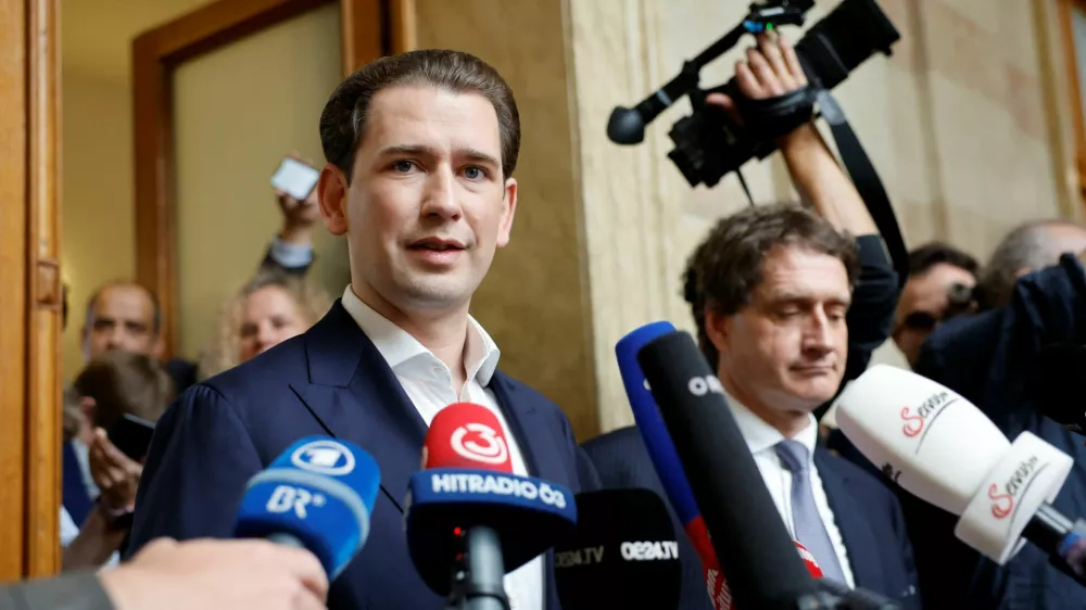 Former Austrian Chancellor Sebastian Kurz speaks to the media after the verdict during a press statement where the court heard Kurz's appeal against perjury conviction in Vienna, Austria, May 26, 2025. REUTERS/Lisa Leutner