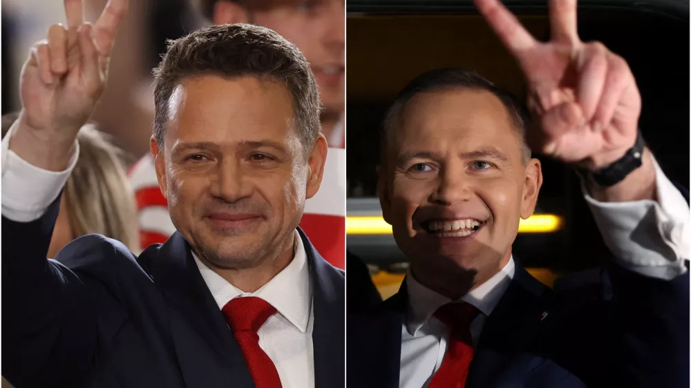 A combination picture shows two leading candidates in the Polish presidential election, Karol Nawrocki, a candidate for Polish presidential election supported by Poland's main opposition party Law and Justice (PiS), showing a victory sign after a final debate, in front of the Polish Television building in Warsaw, Poland, May 23, 2025, and Warsaw Mayor Rafal Trzaskowski, the presidential candidate of the Civic Coalition, showing a victory sign as he reacts to exit polls for the first round of Poland's presidential election, in Sandomierz, Poland, May 18, 2025. REUTERS/Kacper Pempel