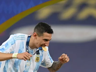FILED - 10 July 2021, Brazil, Rio de Janeiro: Argentina's Angel Di Maria celebrates winning the CONMEBOL Copa America Final soccer match against Brazil at The Maracana Stadium. Photo: Andre Borges/Deutsche Presse-Agentur GmbH/dpa