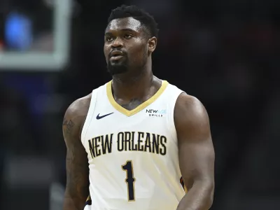 FILE - New Orleans Pelicans forward Zion Williamson (1) looks on during the first half of an NBA basketball game against the Charlotte Hornets, Saturday, Jan. 25, 2025, in Charlotte, N.C. (AP Photo/Matt Kelley, File)