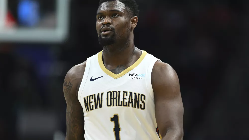FILE - New Orleans Pelicans forward Zion Williamson (1) looks on during the first half of an NBA basketball game against the Charlotte Hornets, Saturday, Jan. 25, 2025, in Charlotte, N.C. (AP Photo/Matt Kelley, File)
