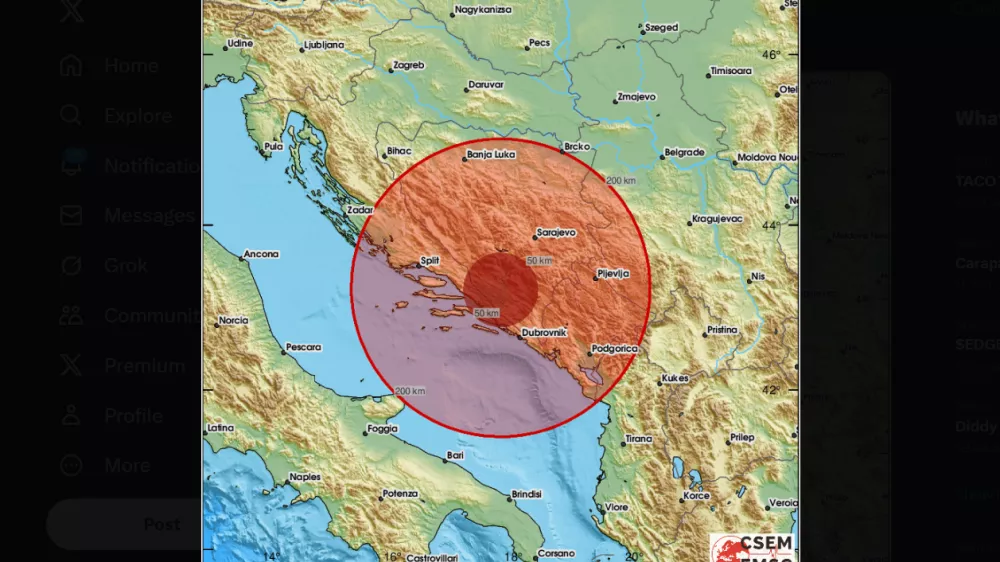 Epicenter potresa pri Mostarju. Vir: EMSC