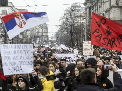 BELGRADE, SERBIA - JANUARY 24: Students and citizens block major intersections and roads for fifteen minutes to protest government investigations into the November train station incident that killed 15 people, in Belgrade, Serbia on January 24, 2025. The citizens expressed their displeasure with the investigation into the incident on Nov. 1, 2024, when a concrete canopy collapsed at a Novi Sad train station, killing 15 people and injuring two more. Filip Stevanovic / AnadoluNo Use USA No use UK No use Canada No use France No use Japan No use Italy No use Australia No use Spain No use Belgium No use Korea No use South Africa No use Hong Kong No use New Zealand No use Turkey