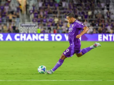 May 31, 2025; Orlando, Florida, USA; Orlando City forward Luis Muriel (9) takes a penalty kick during the second half against the Chicago Fire at Inter&Co Stadium. Mandatory Credit: Mike Watters-Imagn Images