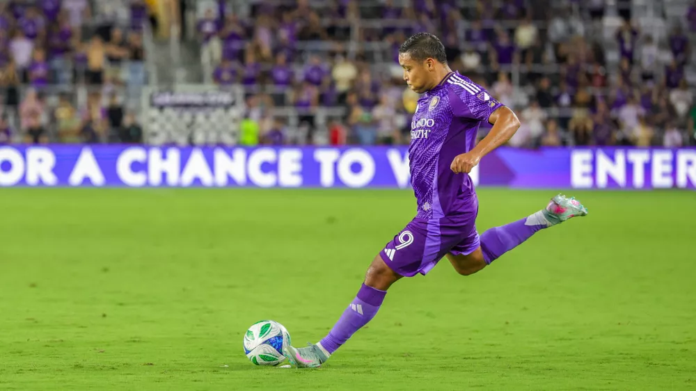 May 31, 2025; Orlando, Florida, USA; Orlando City forward Luis Muriel (9) takes a penalty kick during the second half against the Chicago Fire at Inter&Co Stadium. Mandatory Credit: Mike Watters-Imagn Images