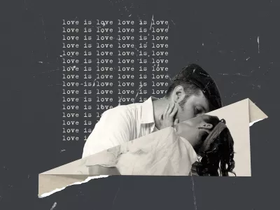Contemporary art collage. Creative design in retro style. Lovely young couple, man and woman kissing. Anniversary time. Concept of relationship, Valentine's Day, love, feelings. Copy space for ad / Foto: Anton Vierietin