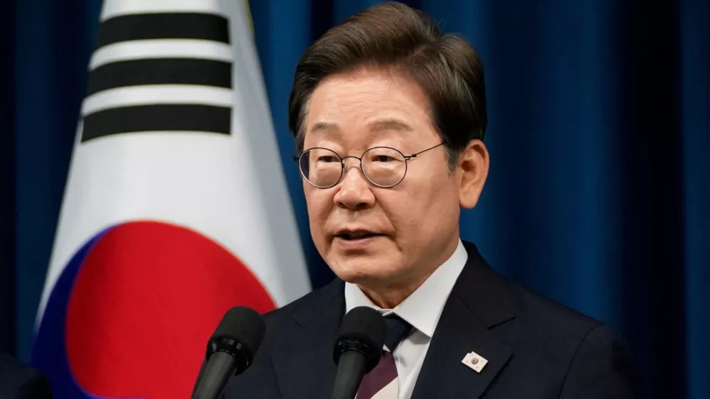 South Korean President Lee Jae-myung speaks during a press conference at the Presidential office in Seoul, South Korea, Wednesday, June 4, 2025.   Ahn Young-joon/Pool via REUTERS