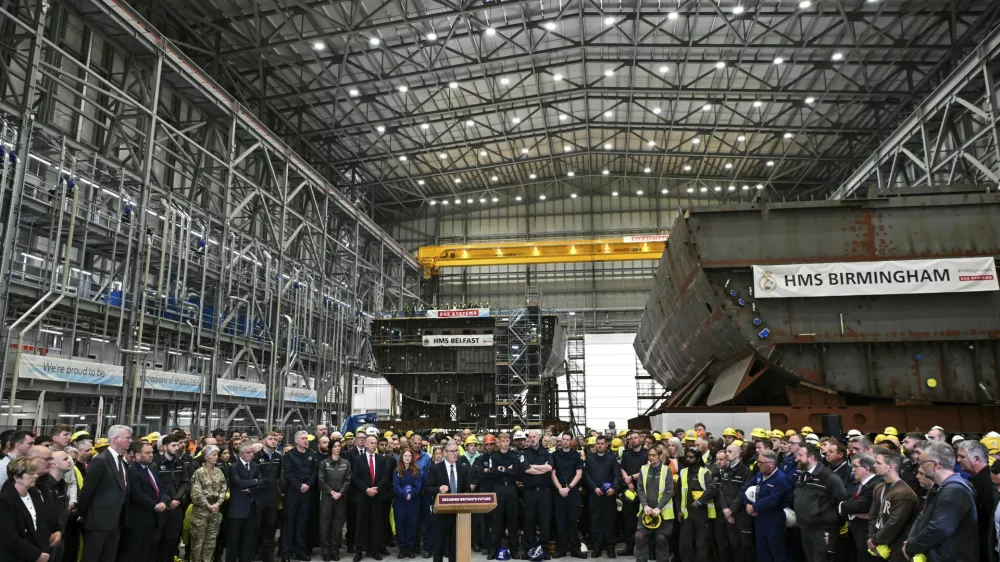 Britain's Prime Minister Keir Starmer delivers his speech during a visit to the BAE Systems'Govan facility, in Glasgow, Scotland, Monday June 2, 2025. (Andy Buchanan, Pool Photo via AP)