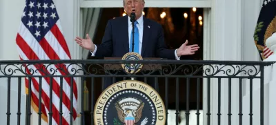 U.S. President Donald Trump speaks as he attends a "Summer Soiree" held on the South Lawn of the White House in Washington, D.C., U.S., June 4, 2025. REUTERS/Leah Millis
