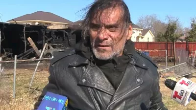 In this image taken from video, Jonathan Joss, an actor best known for his voice work on the animated television series "King of the Hill," talks to reporters following a fire at his San Antonio, Texas, home on Thursday, Jan. 23, 2025. (KSAT via AP)