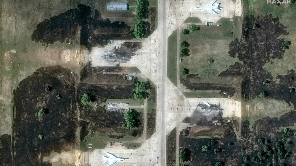 A satellite image shows destroyed TU 22 aircrafts in the aftermath of a drone strike at the Belaya air base, Irkutsk region, Russia, June 4, 2025, Maxar Technologies/Handout via REUTERS THIS IMAGE HAS BEEN SUPPLIED BY A THIRD PARTY. NO RESALES. NO ARCHIVES. MANDATORY CREDIT. MUST NOT OBSCURE LOGO.