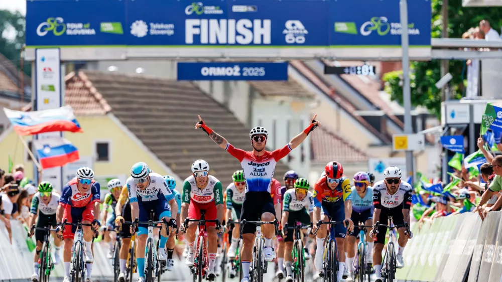Dylan Groenewegen (Team Jayco AlUla / NED) celebrates victory during Stage 3 of 31st Tour of Slovenia 2025 cycling race from Majsperk to Ormoz (172 km), on June 6, 2025 in Slovenia. Photo by Matic Klansek Velej / Sportida