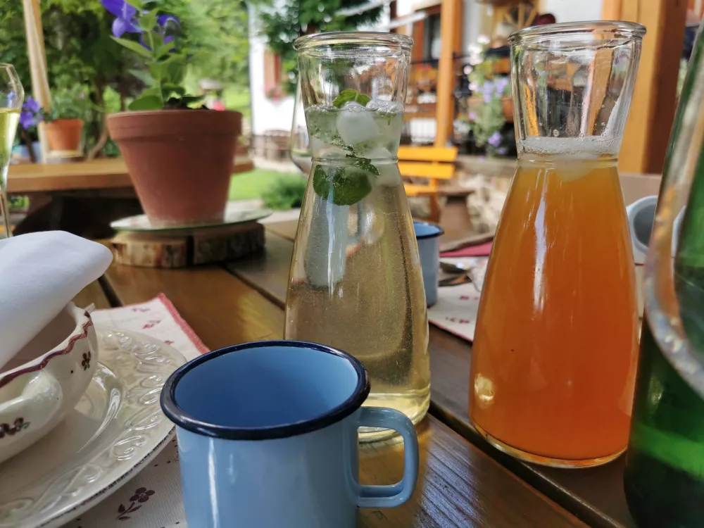 Sokovi, jabolčni, bezgov in metin so med glavnimi favoriti turistične kmetije Pri Kovačniku. / Foto: Miha First