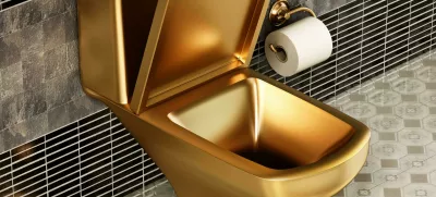 2D6YWG5 Golden toilet in luxury bathroom. 3D illustration.zlata školjka