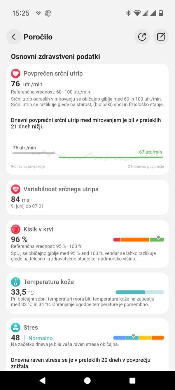 Rezultati celostnega pregleda so predstvaljeni tudi v povezani Huaweijevi aplikaciji zdravje. 