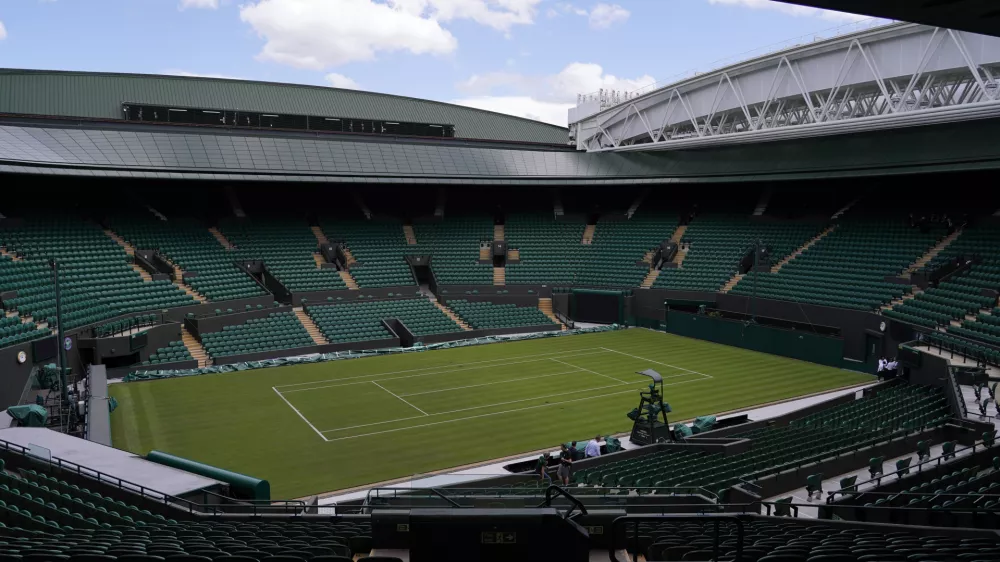 A general view inside of court one as final preparations are made ahead of the Wimbledon tennis championships in London, Sunday, June 26, 2022. (AP Photo/Alberto Pezzali)