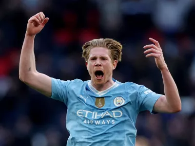 FILE PHOTO: Soccer Football - FA Cup - Semi Final - Manchester City v Chelsea - Wembley Stadium, London, Britain - April 20, 2024 Manchester City's Kevin De Bruyne celebrates after the match Action Images via Reuters/Paul Childs/File Photo