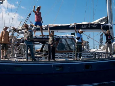 FILE PHOTO: Activist Greta Thunberg and crew stand aboard the aid ship Madleen, which left the Italian port of Catania on June 1 to travel to Gaza to deliver humanitarian aid, in this picture released on June 2, 2025 on social media. Freedom Flotilla Coalition/via REUTERS THIS IMAGE HAS BEEN SUPPLIED BY A THIRD PARTY. MANDATORY CREDIT./File Photo