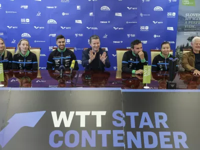 Darko Jorgič, Tomaž Kralj, Bojan Tokič- 09.06. 2025 - novinarska konferenca NTZS pred mednarodnim turnirjem svetovne serije WTT Star Contender//FOTO: Jaka Gasar