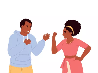 Family conflict vector illustration. Flat cartoon angry wife and husband quarrelling standing isolated on white background. Young married couple feeling aggressive emotions having relationship problem / Foto: Siberianart