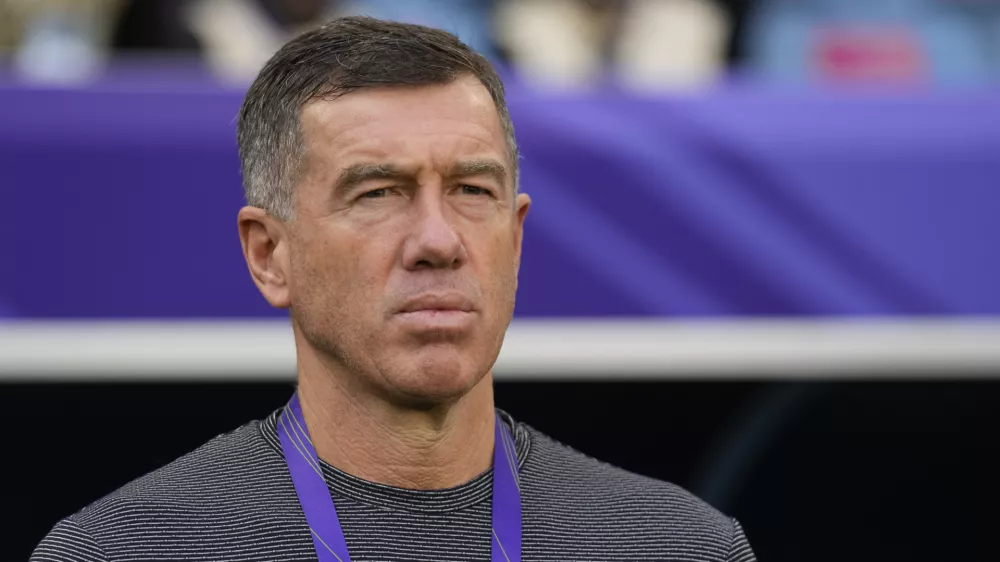 FILE - Uzbekistan's head coach Srecko Katanec looks from the bench before the Asian Cup round of 16 soccer match between Uzbekistan and Thailand at Al Janoub Stadium in Al Wakrah, Qatar, on Jan. 30, 2024. (AP Photo/Aijaz Rahi, File)