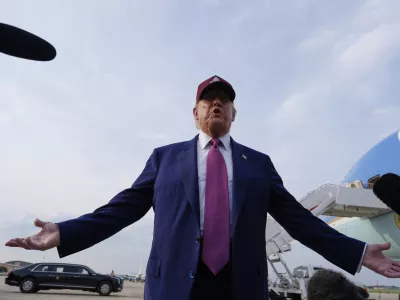 President Donald Trump speaks to reporters after arriving on Air Force One, Tuesday, June 10, 2025, at Joint Base Andrews, Md. (AP Photo/Alex Brandon)
