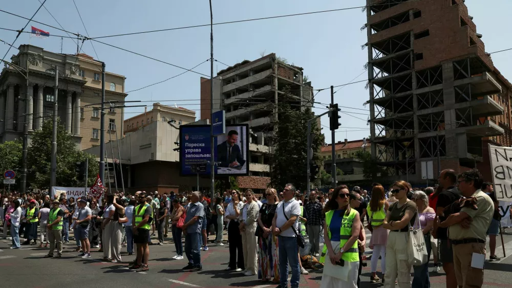 University students and other people stand in silence to commemorate the 16 victims, who were killed after a railway concrete canopy fell in November 2024 in Novi Sad, during a protest against government pressure on the universities, in front of a government building, in Belgrade, Serbia, June 9, 2025. REUTERS/Zorana Jevtic