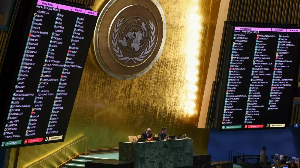 The votes of the United Nations (UN) General Assembly on a draft resolution demanding a ceasefire in the Gaza Strip, amid the ongoing conflict between Israel and Hamas, are displayed on screens during an emergency session at the UN headquarters in New York City, U.S., June 12, 2025. REUTERS/Kylie Cooper