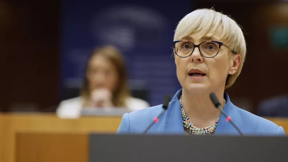 Slovenia's President Natasa Pirc Musar addresses the audience during a plenary session at the European Parliament building in Brussels, Wednesday, May 21, 2025. (AP Photo/Geert Vanden Wijngaert)