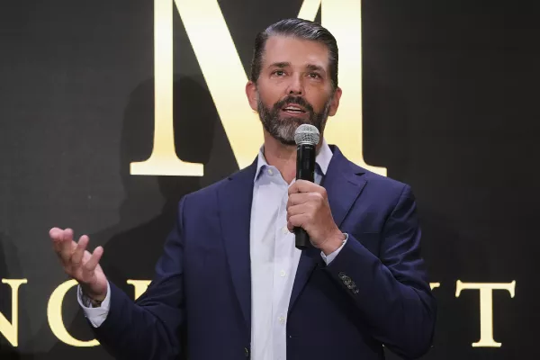 Donald Trump Jr. participates in the announcement of Trump Mobile, in New York's Trump Tower, Monday, June 16, 2025. (AP Photo/Richard Drew)