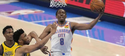 Jun 16, 2025; Oklahoma City, Oklahoma, USA; Oklahoma City Thunder forward Jalen Williams (8) shoots against Indiana Pacers center Tony Bradley (13) during the third quarter of game five of the 2025 NBA Finals at Paycom Center. Mandatory Credit: Kyle Terada-Imagn Images