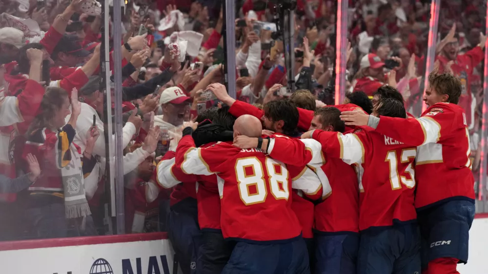 Jun 17, 2025; Sunrise, Florida, USA; The Florida Panthers celebrate winning game six of the 2025 Stanley Cup Final against the Edmonton Oilers at Amerant Bank Arena. Mandatory Credit: Jim Rassol-Imagn Images