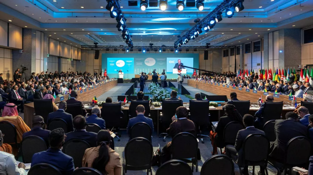Turkish President Tayyip Erdogan speaks during the 51st Session of the Council of Foreign Ministers of the Organisation of Islamic Cooperation (OIC) in Istanbul, Turkey, June 21, 2025. REUTERS/Umit Bektas