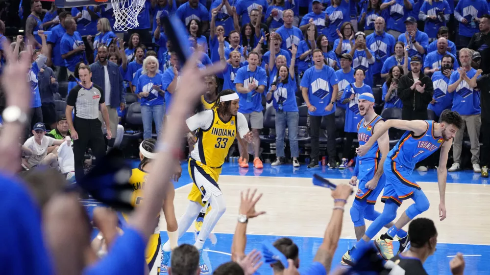 Jun 22, 2025; Oklahoma City, Oklahoma, USA; Oklahoma City Thunder guard Alex Caruso (9) reacts after a play against the Indiana Pacers during game seven of the 2025 NBA Finals at Paycom Center. Mandatory Credit: Kyle Terada-Imagn Images