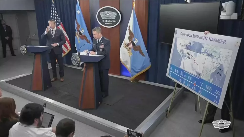 U.S. Secretary of Defense Pete Hegseth and Chairman of the Joint Chiefs of Staff, Air Force General Dan Caine hold a briefing at the Pentagon, after the U.S. struck Iranian nuclear facilities, during the Israel-Iran conflict, in Arlington, Virginia, U.S., June 22, 2025 in this still image taken from handout video. Reuters TV/U.S. Department of Defense/Handout via REUTERS THIS IMAGE HAS BEEN SUPPLIED BY A THIRD PARTY