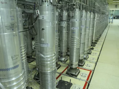 ﻿This photo released on Tuesday, Nov. 5, 2019 by the Atomic Energy Organization of Iran shows centrifuge machines in Natanz uranium enrichment facility in central Iran. Iran announced on Monday that had started gas injection into a 30-machine cascade of advanced IR-6 centrifuges in Natanz complex. (Atomic Energy Organization of Iran via AP)