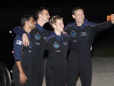 SpaceX Falcon 9 crew pose for a selfie before departing for a launch to the International Space Station at the Kennedy Space Center in Cape Canaveral, Fla., Tuesday, June 24, 2025. (AP Photo/Terry Renna)