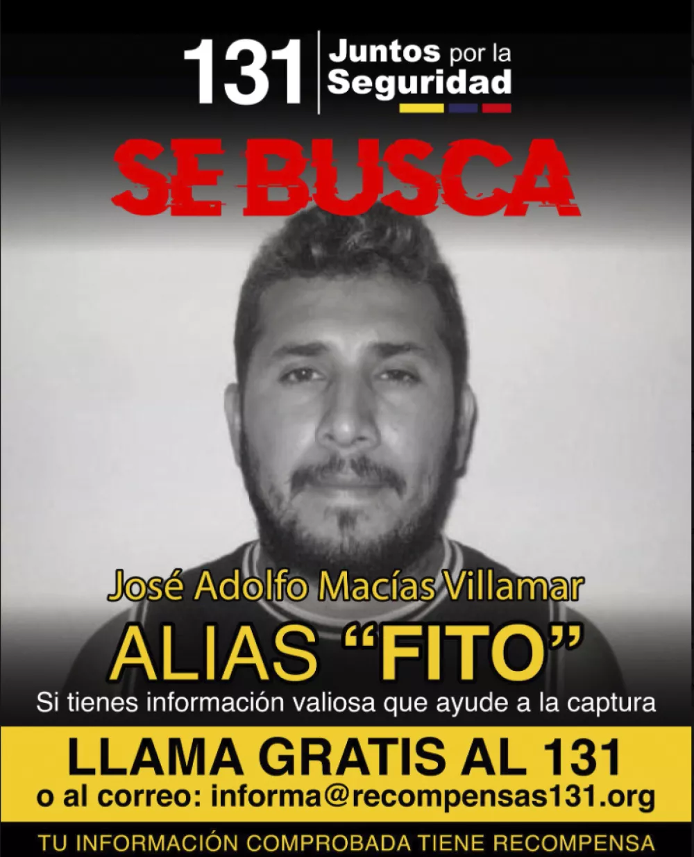 FILE - This wanted poster posted on X by Ecuador's Ministry of Interior, Jan. 9, 2024, shows Adolfo Macías, alias Fito, the leader of Los Choneros gang. (Ecuador's Ministry of Interior via AP, File)