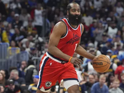 FILE - Los Angeles Clippers guard James Harden (1) in the second half of Game 7 of an NBA basketball first-round playoff series Saturday, May 3, 2025, in Denver. (AP Photo/David Zalubowski, File)