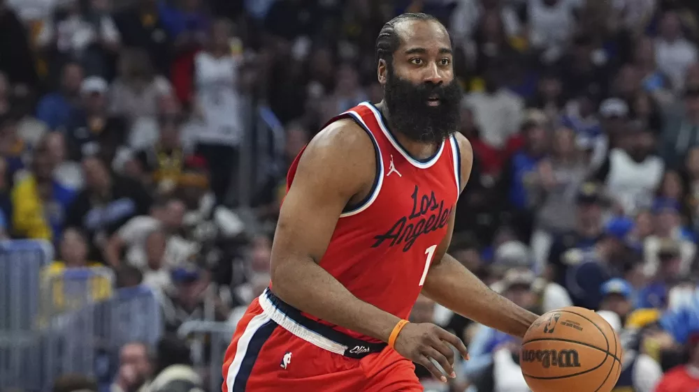 FILE - Los Angeles Clippers guard James Harden (1) in the second half of Game 7 of an NBA basketball first-round playoff series Saturday, May 3, 2025, in Denver. (AP Photo/David Zalubowski, File)