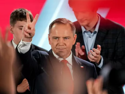 Polish presidential candidate Karol Nawrocki, backed by the main opposition Law and Justice (PiS) party, reacts to the exit polls of the second round of the presidential election, in Warsaw, Poland, June 1, 2025. REUTERS/Aleksandra Szmigiel   TPX IMAGES OF THE DAY