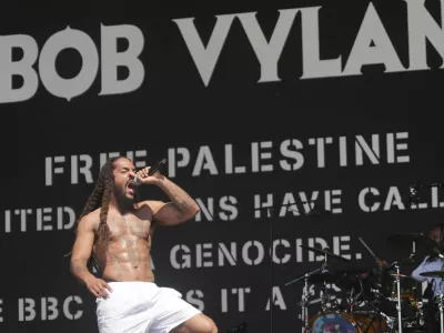 Bob Vylan perform on the West Holts Stage, during the Glastonbury Festival at Worthy Farm in Somerset. England, Saturday, June 28, 2025. (Yui Mok/PA via AP)