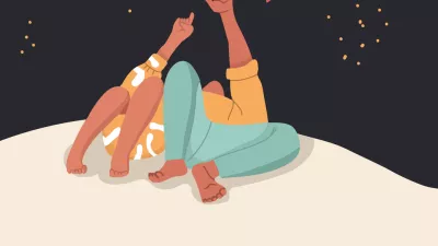 Back view of a couple in love lying outdoors under the stars during a romantic evening together. The man and woman are looking up at the stars. Concept of love and relationship. Hand drawn vector. / Foto: Natalia Loginova