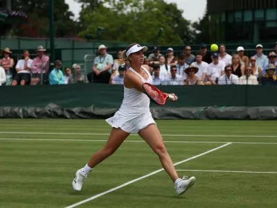 Tennis - Wimbledon - All England Lawn Tennis and Croquet Club, London, Britain - July 1, 2025 Slovenia's Veronika Erjavec in action during her first round match against Ukraine's Marta Kostyuk REUTERS/Isabel Infantes